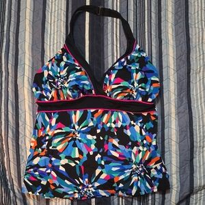 Caribbean Joe Teal and Blue Tropical Print Swim Top